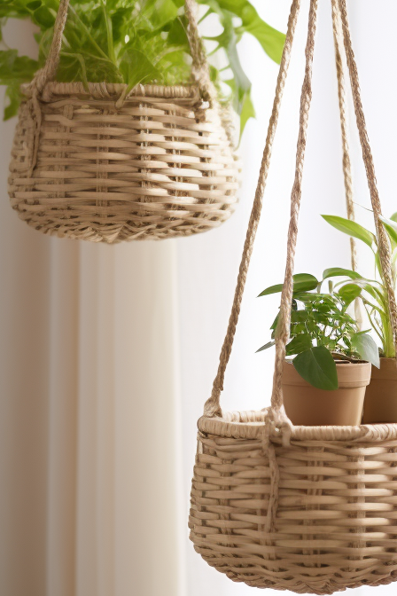 Two wicker baskets hanging from a window, adding aesthetic to room decor.
