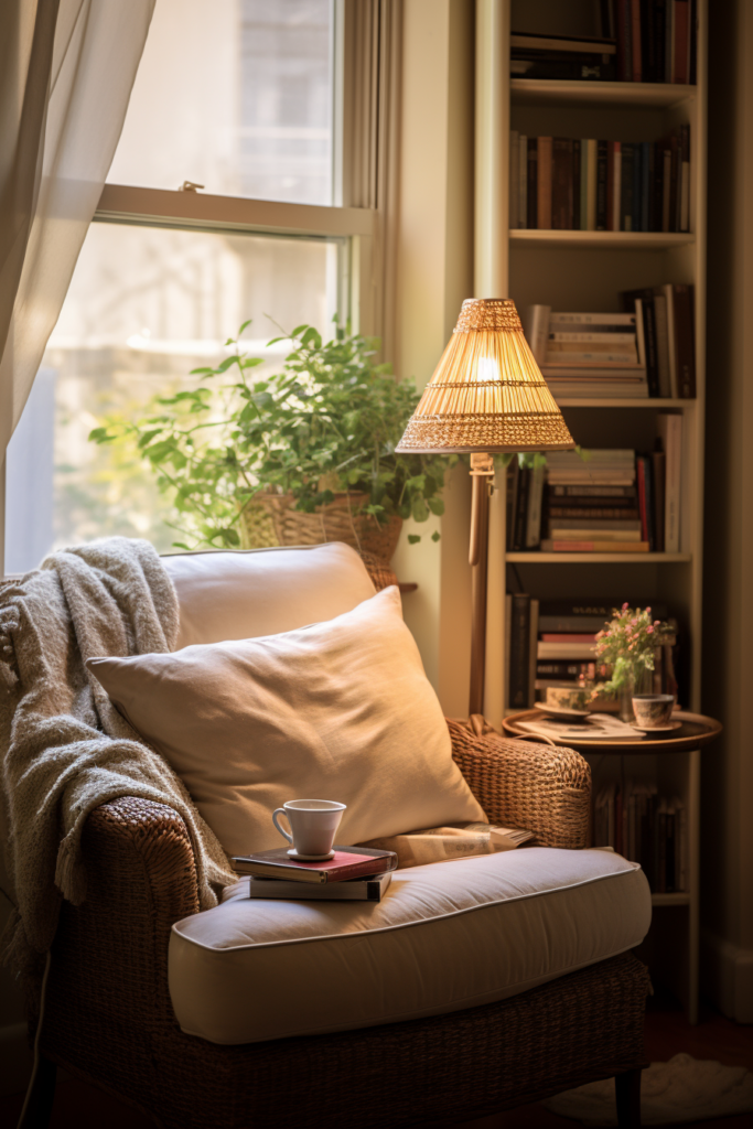Aesthetic room decor with a wicker chair in front of a window, inspiring inspo ideas.