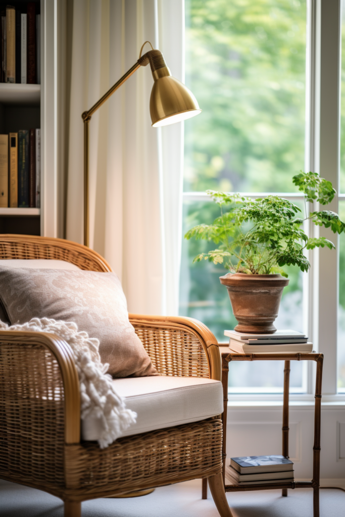 An aesthetic wicker chair positioned beautifully in a room with an inspiring potted plant placed near a captivating window, creating the perfect inspo idea for room decor.