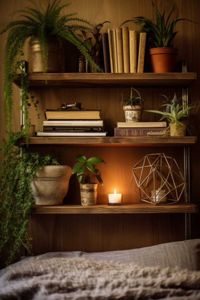 A stylish bed adorned with books and plants on a shelf, adding to the room's aesthetic and serving as captivating room decor.