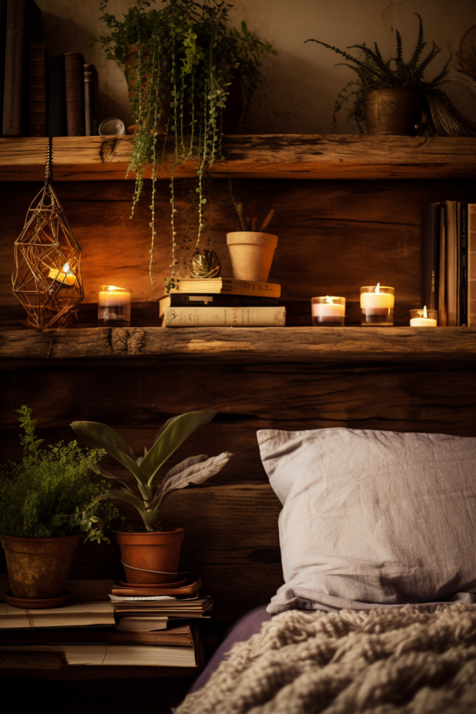 An aesthetically pleasing bed in a room adorned with books and candles, providing stylish inspiration for room decor.
