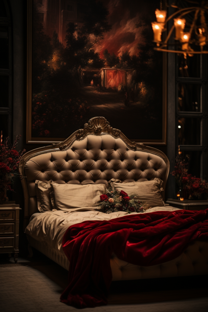 An aesthetic bed in a room with a painting on the wall, providing room decor and inspo ideas.
