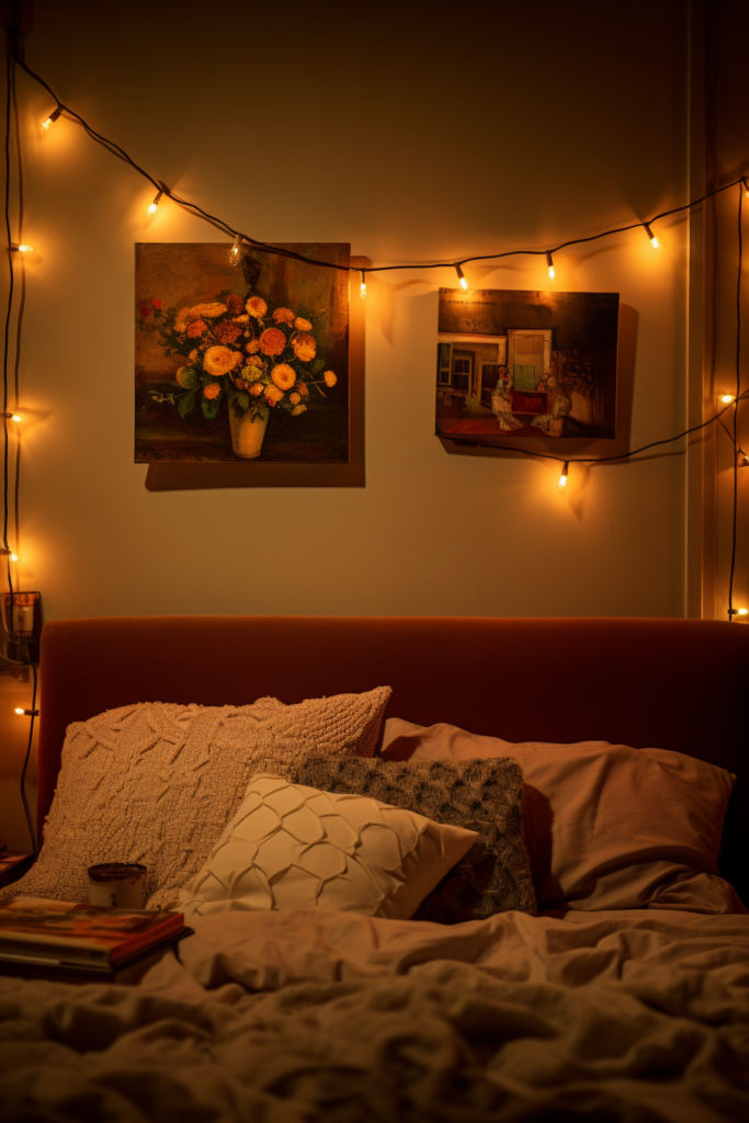A bed in a room with lights hanging above it, perfect for Room Decor and Inspo Ideas. The lights add a charming Aesthetic touch to the space.
