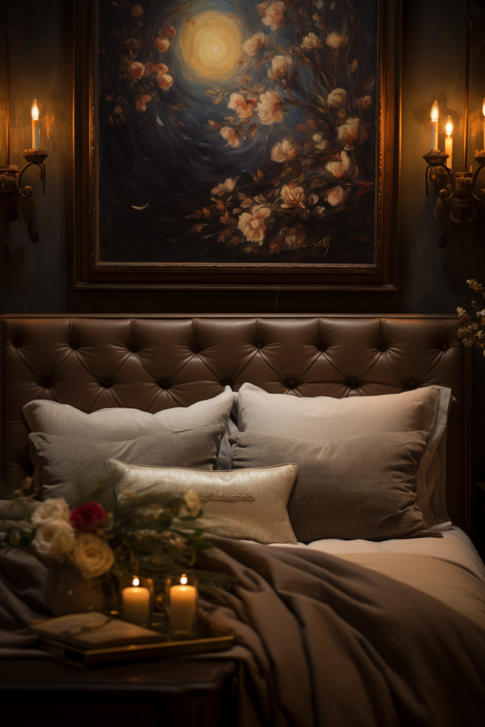 An aesthetic bed in a room with an inspiring painting on the wall.