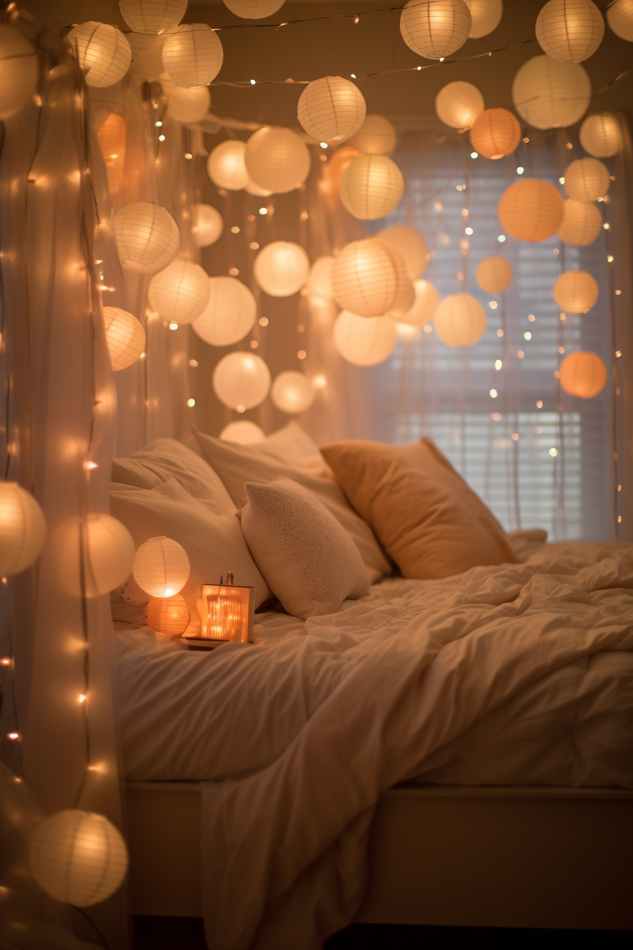 An aesthetically pleasing bed adorned with white paper lanterns, perfect for room decor and inspiration ideas.