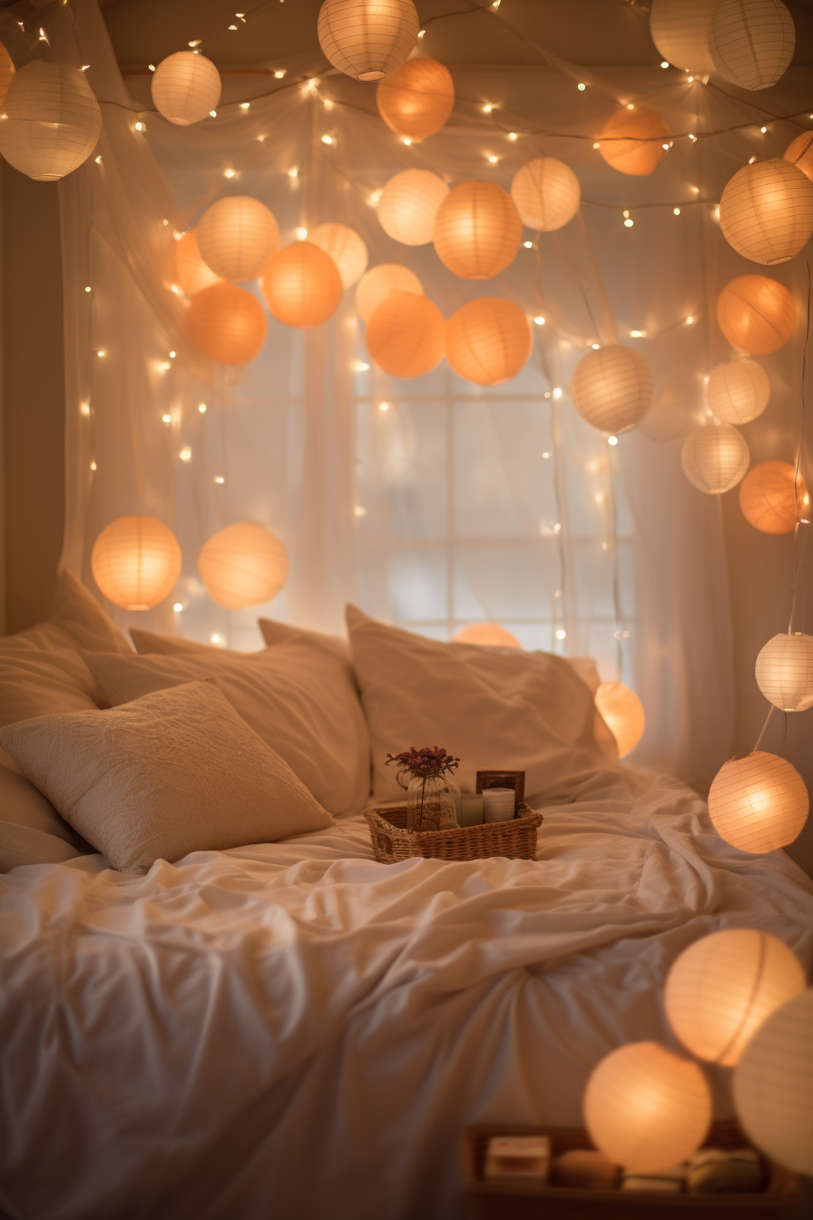 An aesthetic bed with paper lanterns hanging over it, providing beautiful room decor and inspiring ideas.