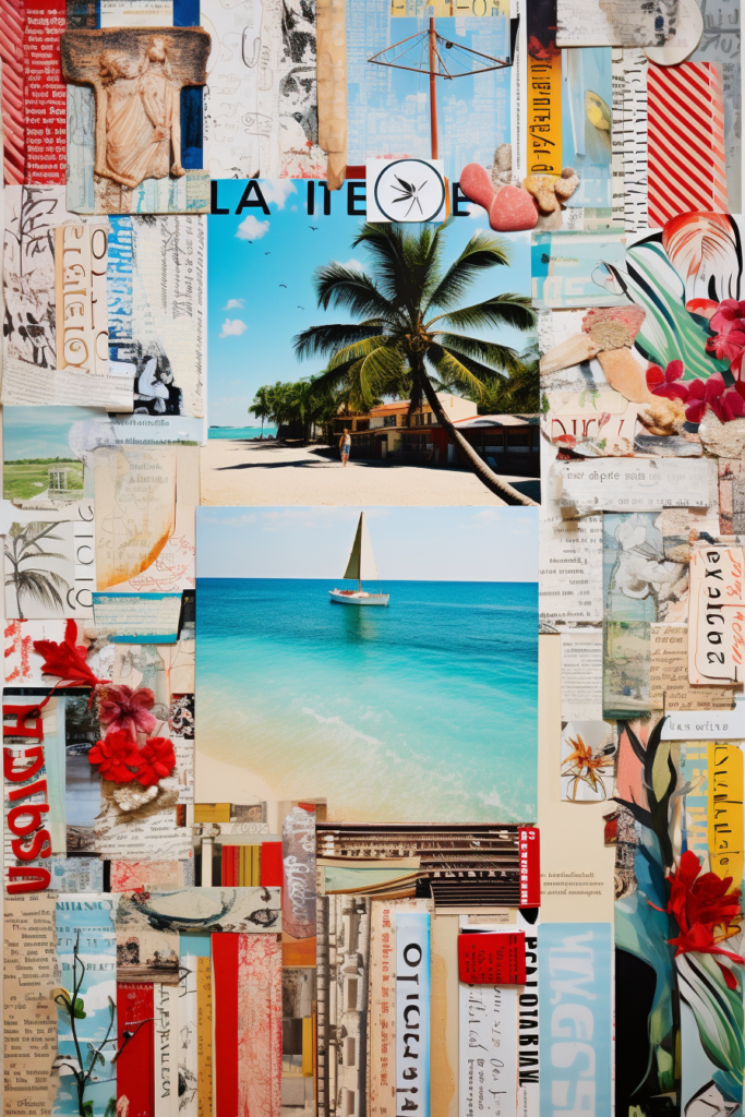 A stylish collage featuring a palm tree and a sailboat, perfect for room decor to create an aesthetic ambiance.