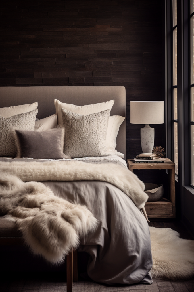 A stylish bedroom with a white bed and a fur rug, providing aesthetic room decor inspiration.