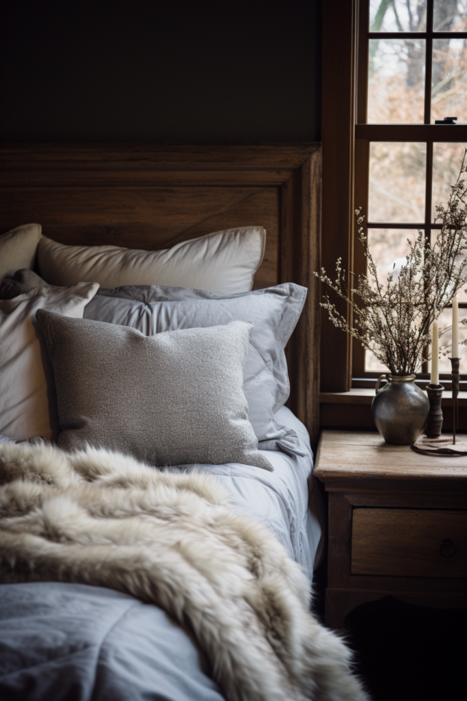This room decor features a cozy bed adorned with a luxurious fur blanket, complemented by a quaint window offering picturesque views. Perfect for those seeking inspo ideas to create an aesthetic ambiance.