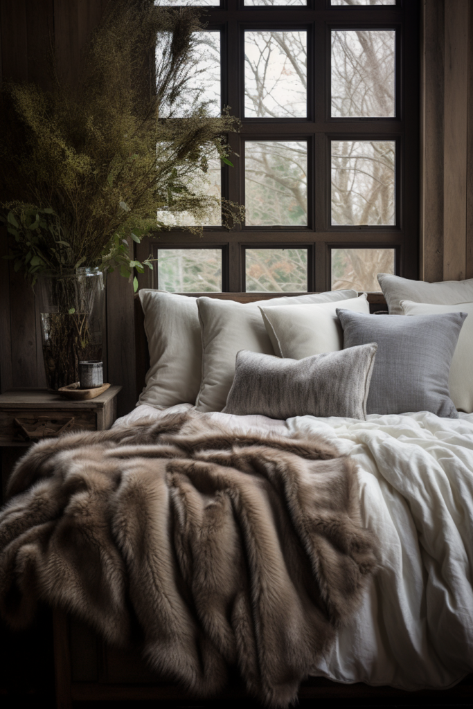 A cozy bed with a fur blanket in front of a window, providing room decor inspiration and adding to the overall aesthetic.