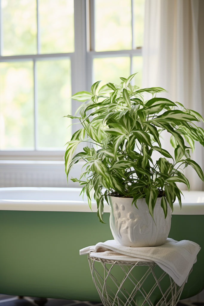 An air-purifying plant sits on a stool in front of a window, improving bathroom air quality.