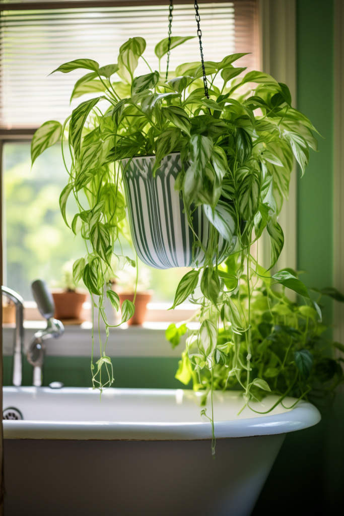 An air-purifying plant hanging from a window in a bathroom, improving bathroom air quality.