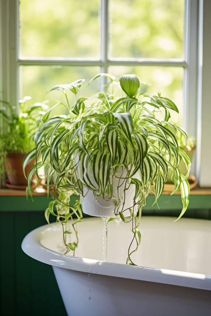 A bathroom is adorned with an air-purifying plant placed in a bathtub, strategically positioned near a window to enhance bathroom air quality.
