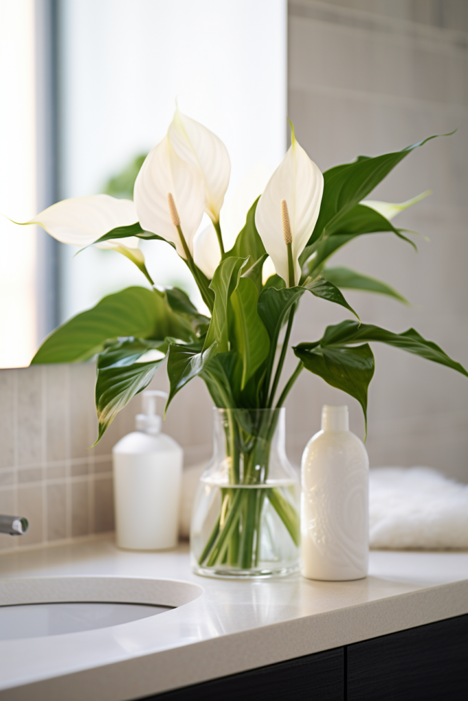 Air-purifying white flowers in a vase on a bathroom counter.