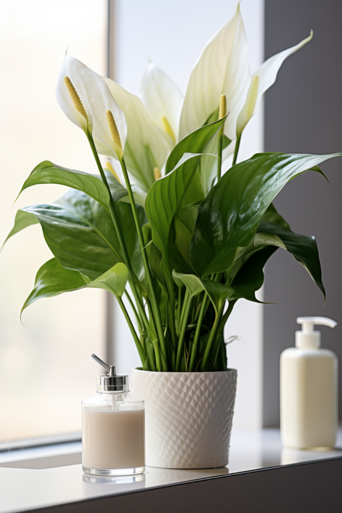 An air-purifying plant sits on a window sill, helping to improve bathroom air quality.