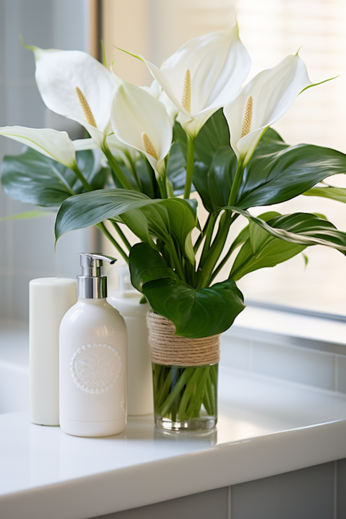 Air-purifying white calla lilies beautifully displayed in a vase to improve bathroom air quality.