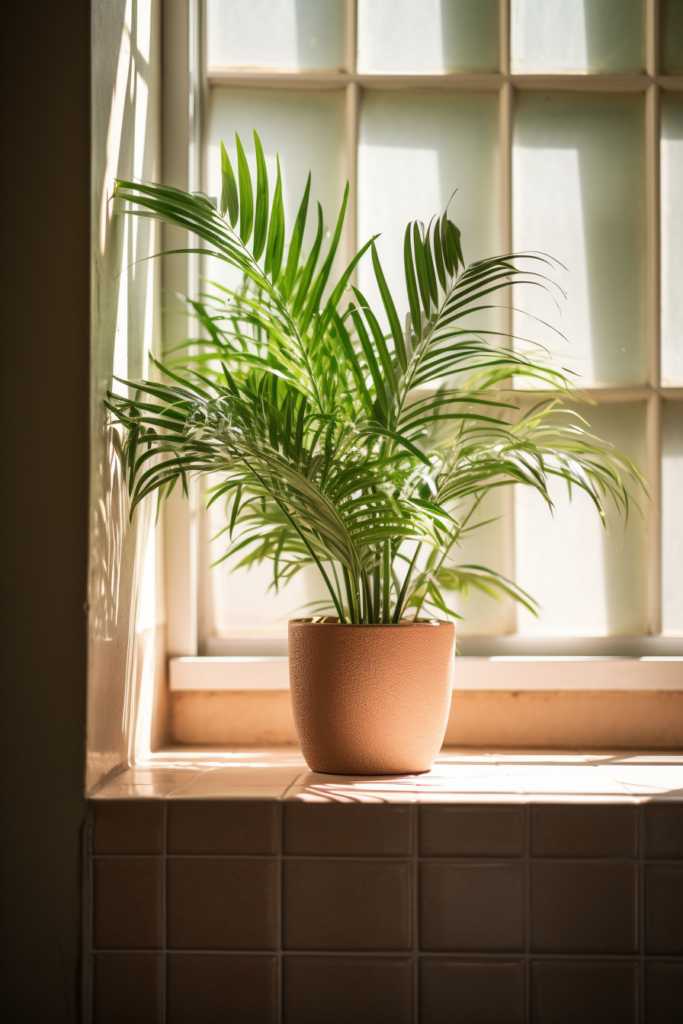 An air-purifying plant sits on a window sill, enhancing the bathroom's air quality.