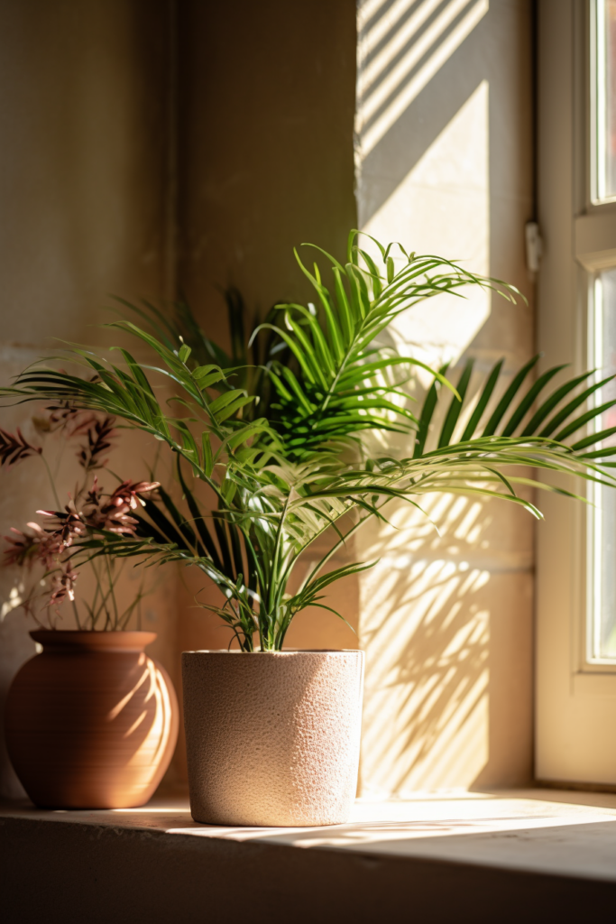 An air-purifying potted plant on a window sill.