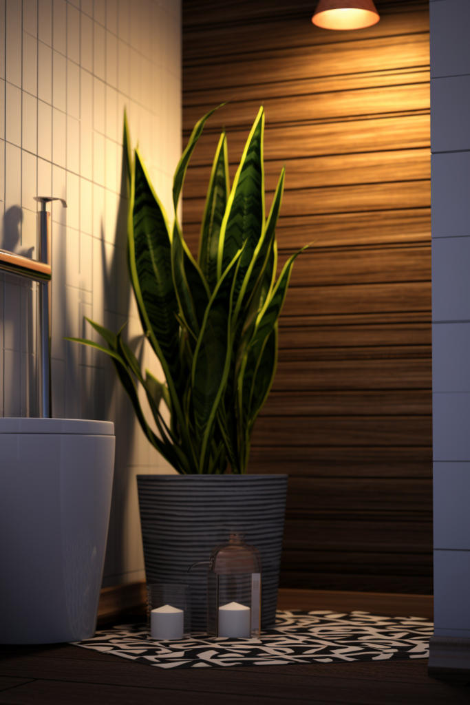 A 3D rendering of a bathroom with a potted plant showcasing the benefits of air-purifying plants for improving bathroom air quality.