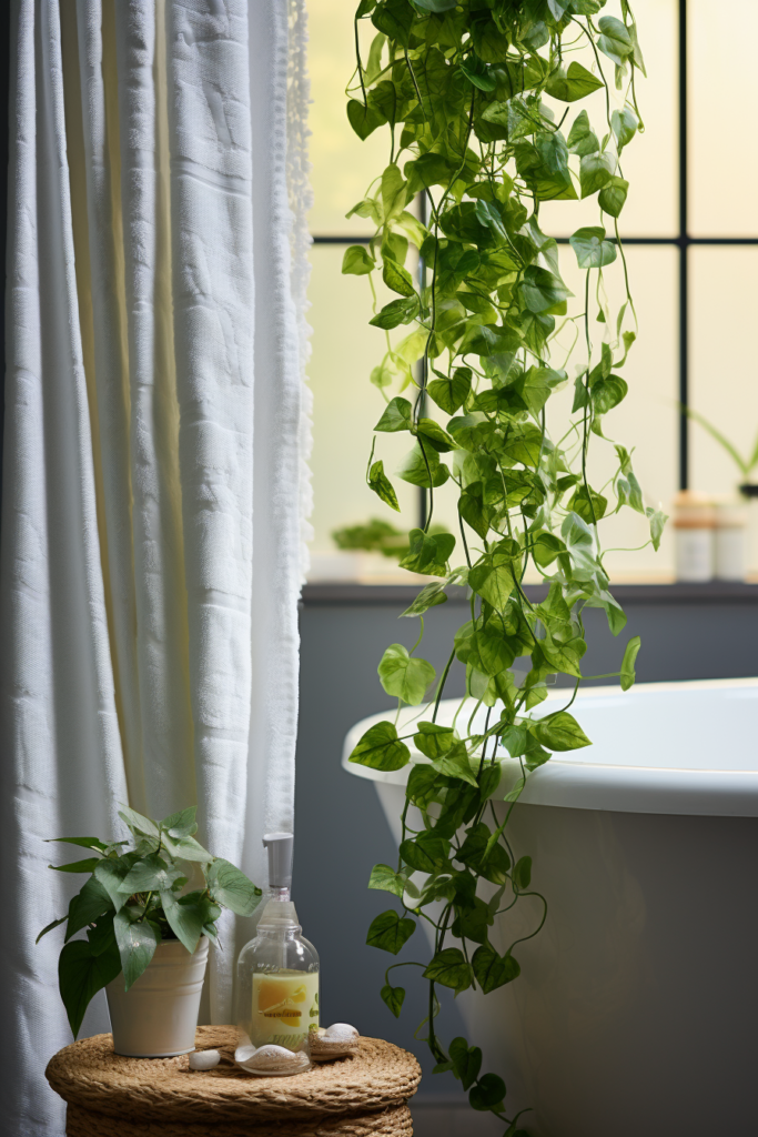 An improved bathroom with air-purifying plants and ivy hanging from the ceiling, ensuring better air quality.