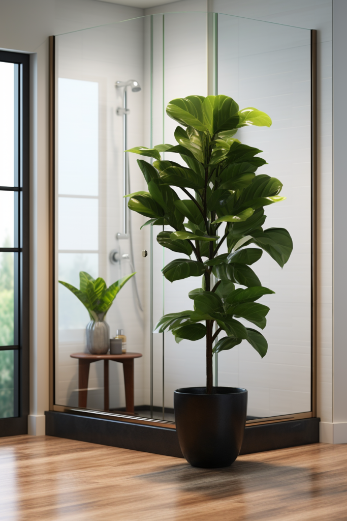 An Air-Purifying plant is placed in front of a shower, offering improved bathroom air quality.