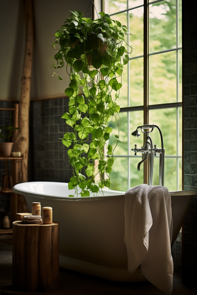 An improved bathroom with an air-purifying plant hanging from the ceiling, enhancing the air quality.