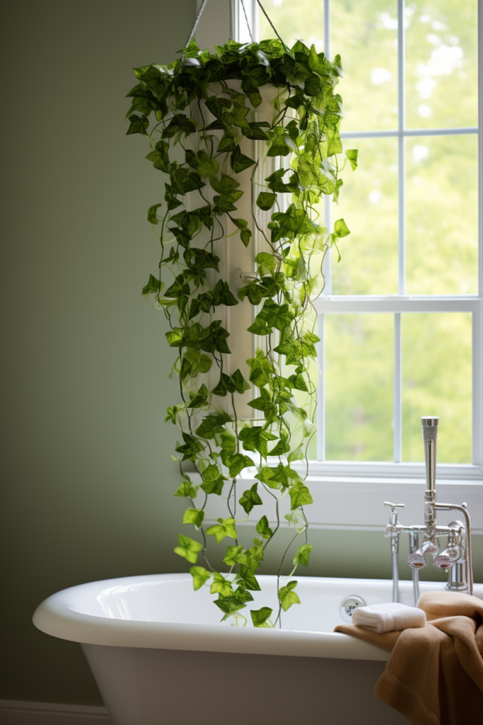 Ivy, an air-purifying plant, hanging from a window in a bathroom to improve indoor air quality.