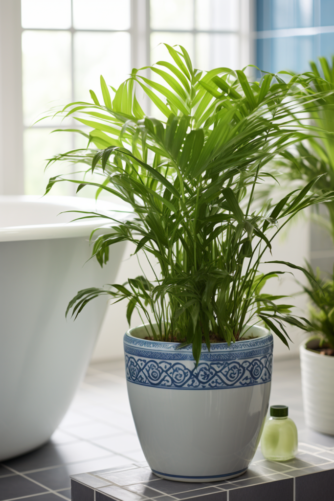 An air-purifying plant in a bathroom.