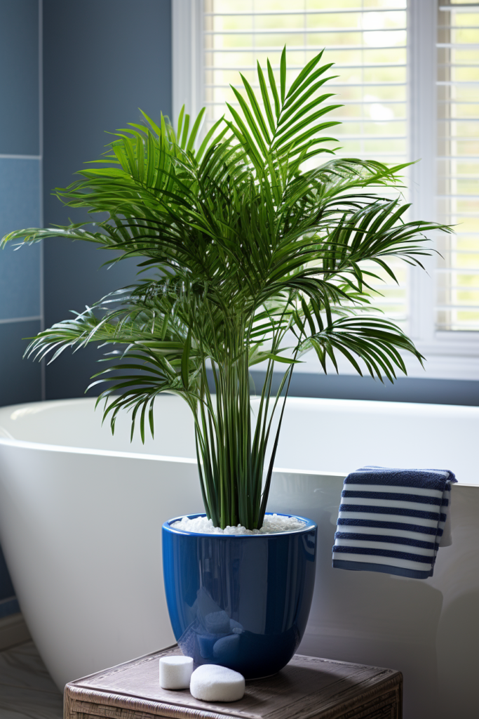 An improved air-purifying plant, a palm tree, in a blue pot next to a bathtub.