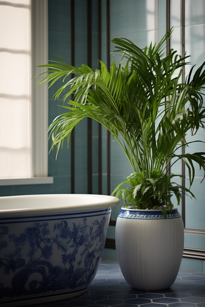 A bathroom with a blue and white color scheme adorned by an air-purifying plant in a pot, enhancing the bathroom air quality.
