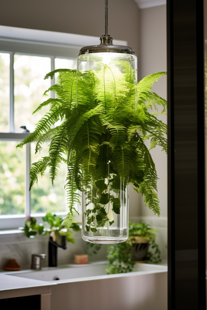 A kitchen with a fern hanging from a light fixture, enhancing bathroom air quality with an air-purifying plant.