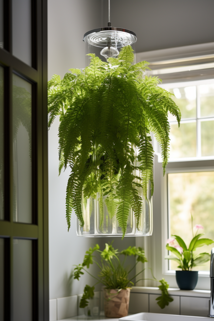 An air-purifying plant hanging from a light fixture in a kitchen, improving indoor air quality.