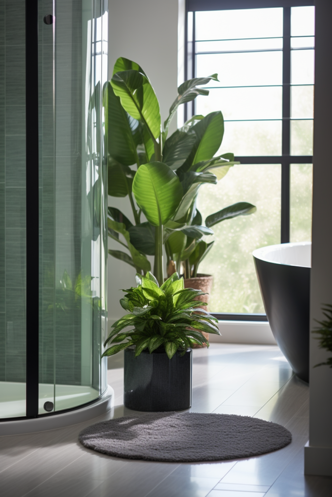 A bathroom with an air-purifying plant in front of a window.