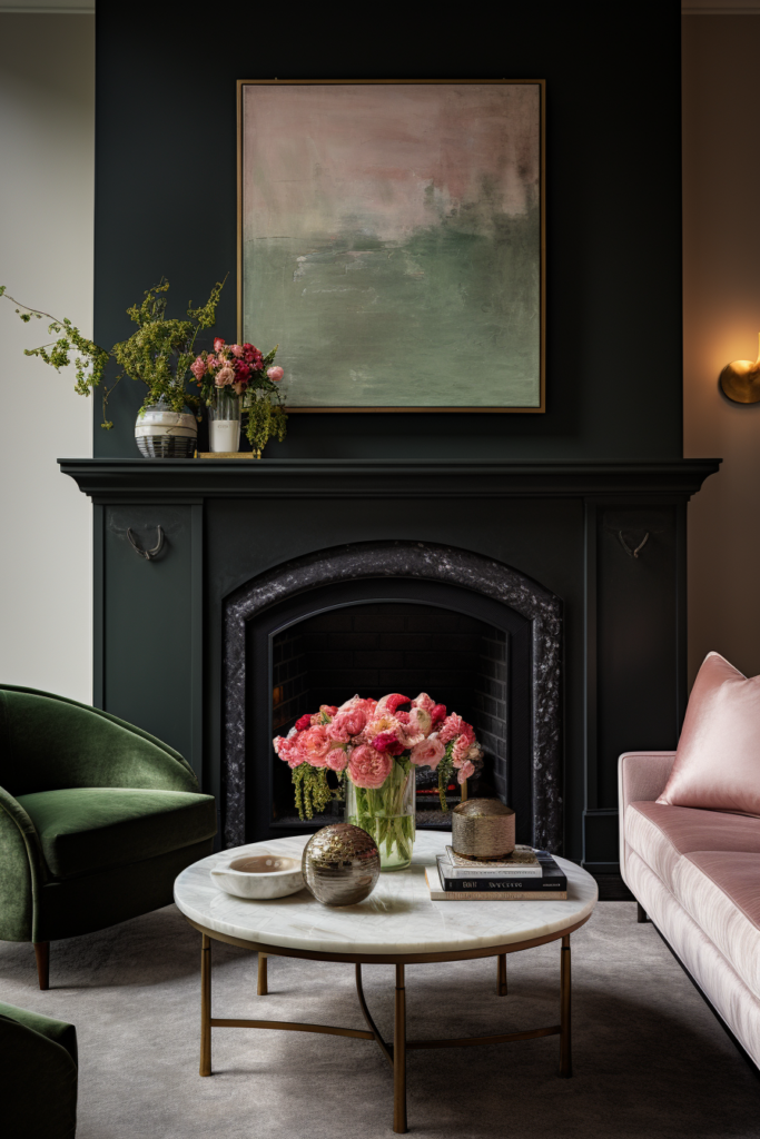 An artful arrangement of a black and pink living room with an off-center focal point - a fireplace.