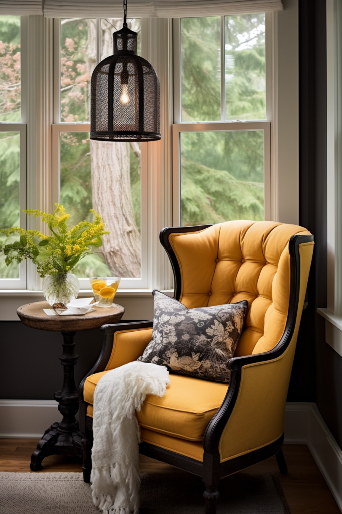 An artful arrangement of a yellow chair off-center in front of a window.