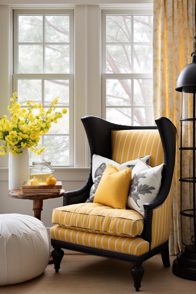 An artful arrangement of a yellow striped chair in front of an off-center window.