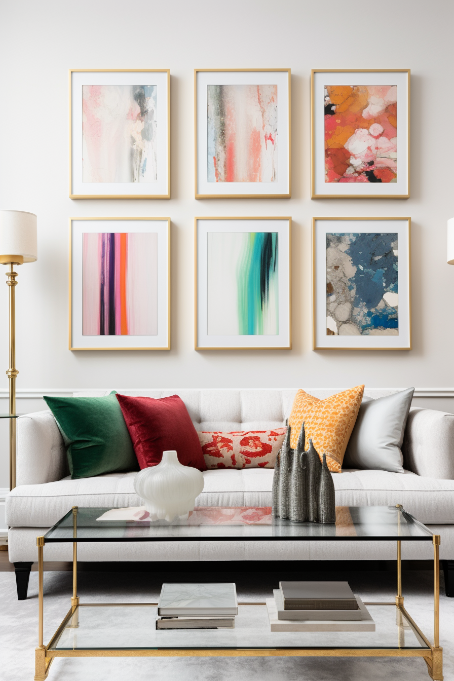 An artful living room with framed art and an off-center coffee table.