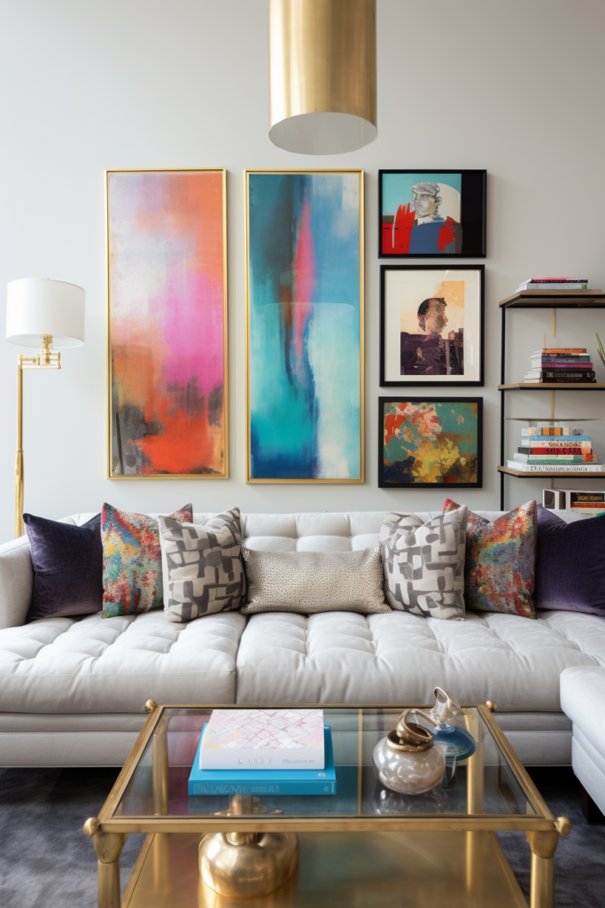 An artful arrangement of a white couch in a living room.