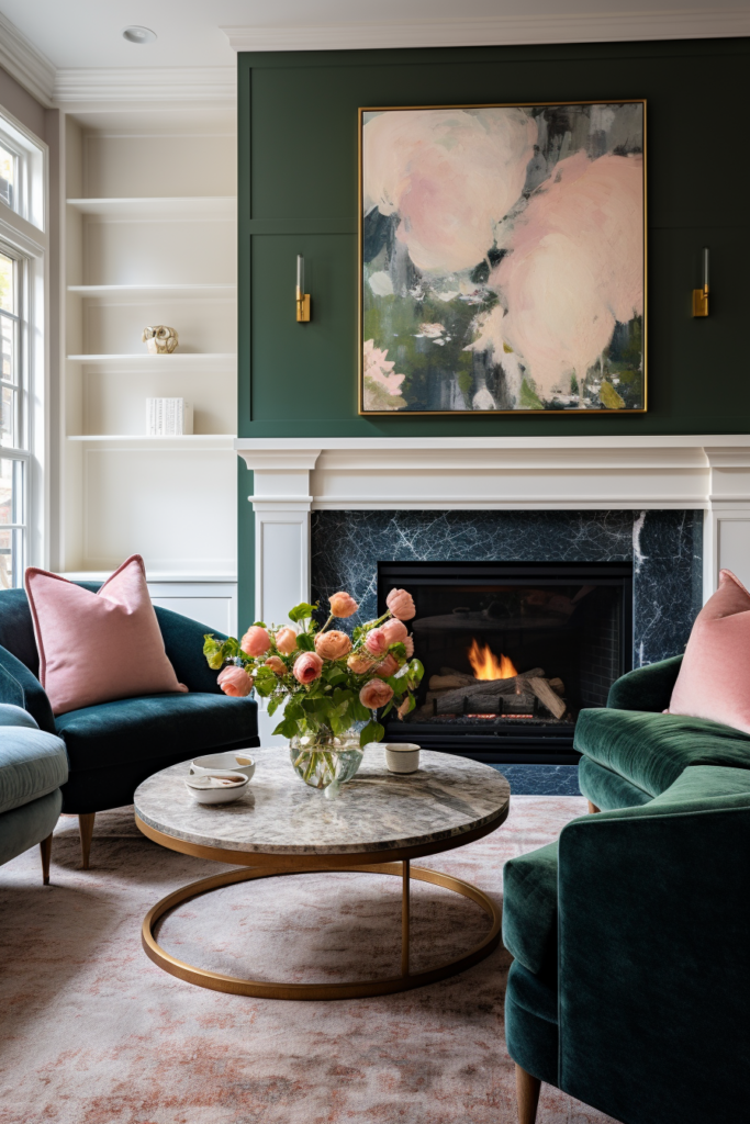 An artful arrangement of pink furniture creates an off-center focal point in a living room with green walls.