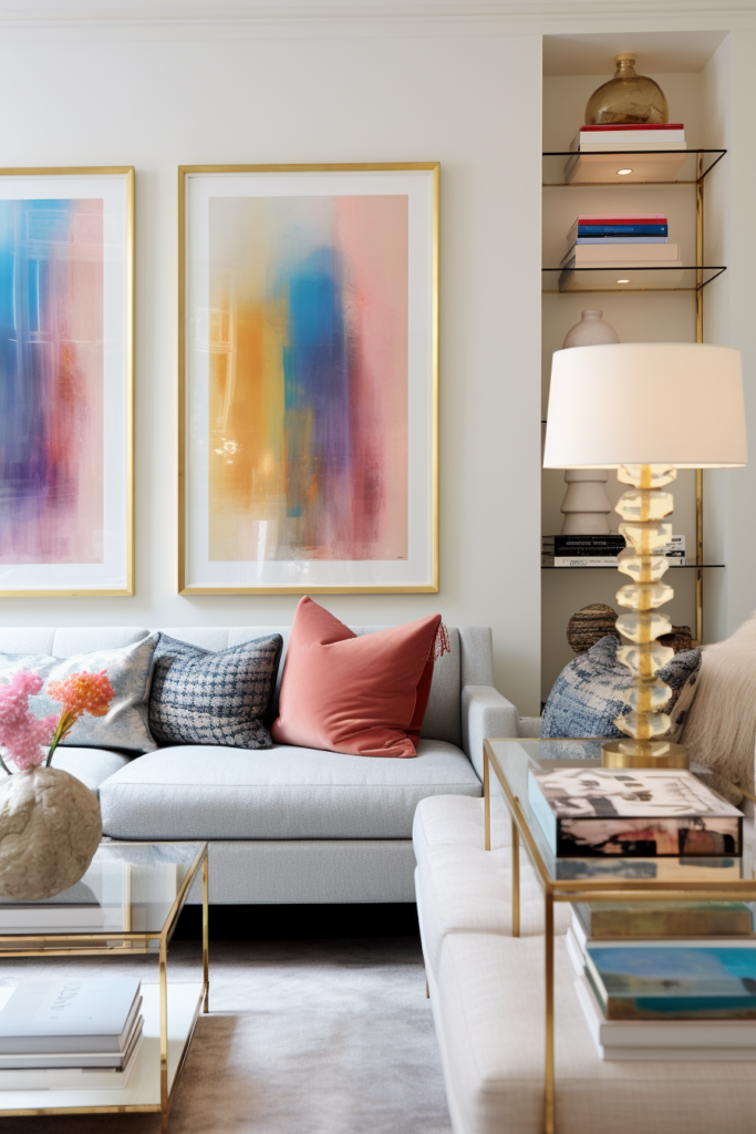 A living room with two large paintings and an artful arrangement of off-center focal points, including a coffee table.