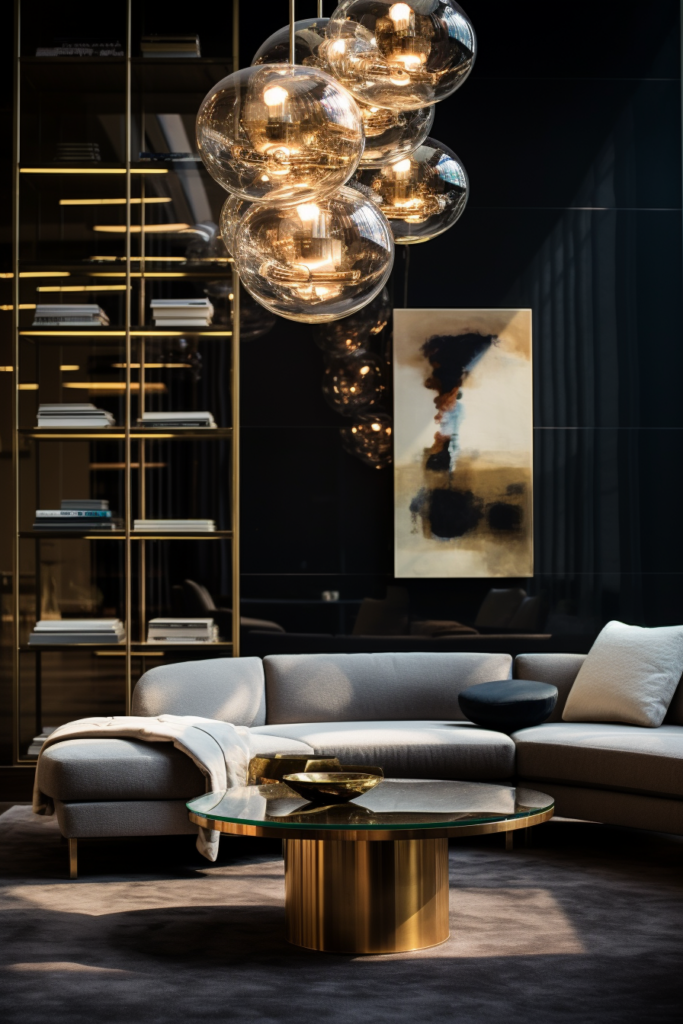 An artful arrangement of a black and gold living room with an off-center focal point, showcased by a stunning gold chandelier.