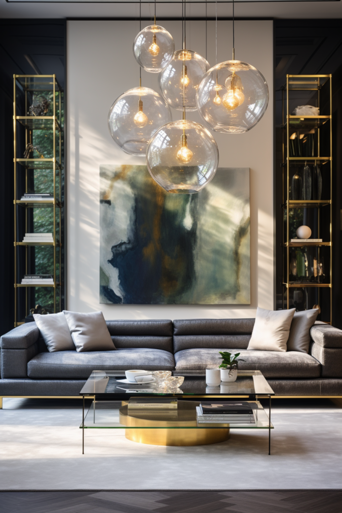 An artful arrangement of black and gold furniture in a living room, with glass chandeliers as the off-center focal points.