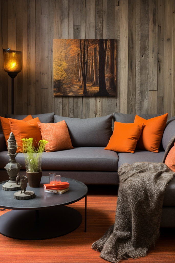 A grey couch with artful arrangements of orange pillows.