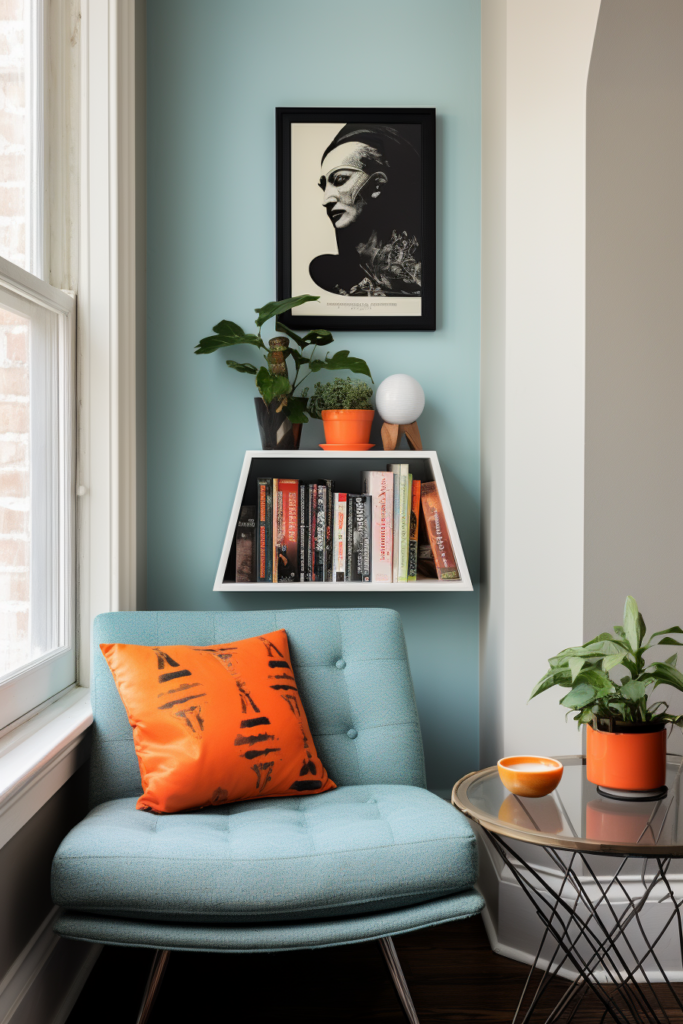 An artful arrangement of a blue chair as the off-center focal point in a living room.