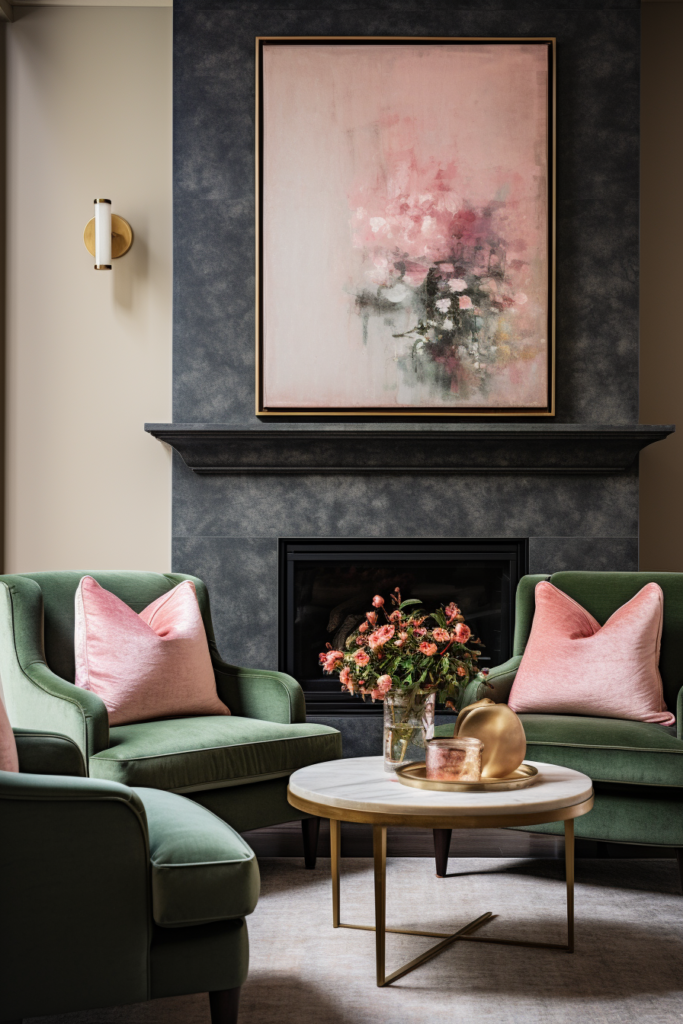 An artful arrangement of green chairs and an off-center pink painting grace the living room.