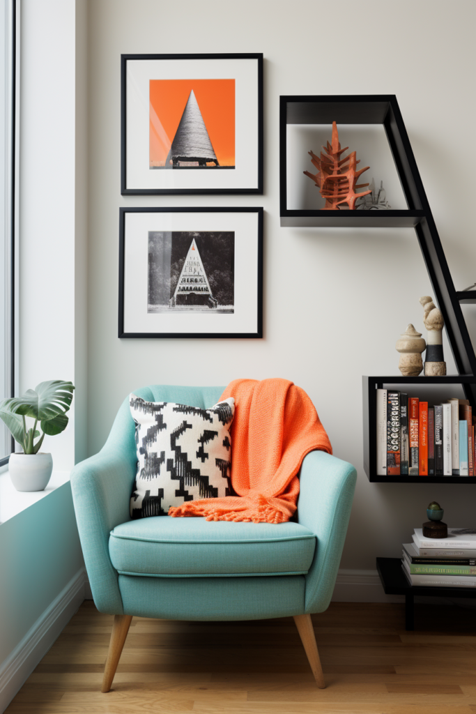 An artful arrangement of bookshelves and an off-center focal point, featuring an orange chair, creates a cozy living room.