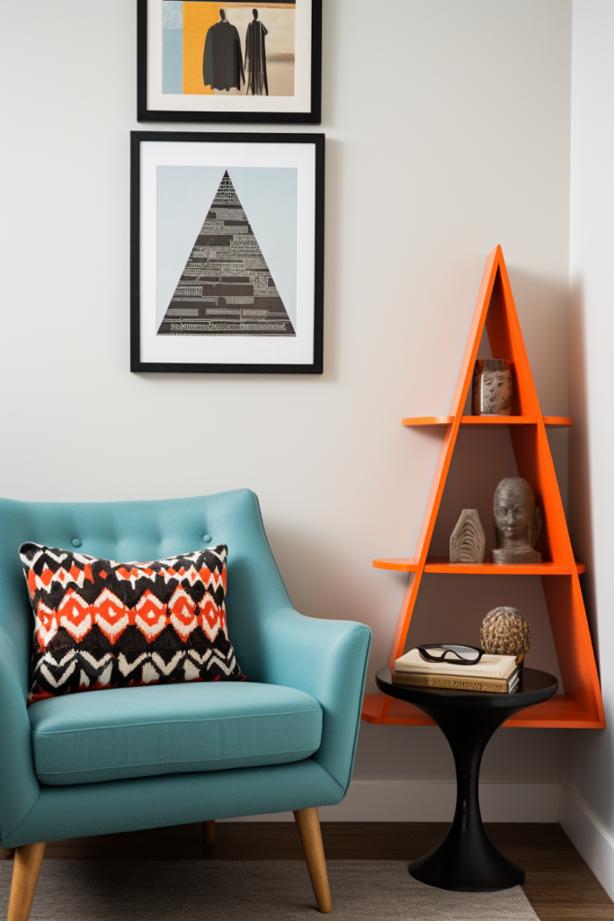 An artful arrangement featuring a blue chair, positioned off-center in a room with a triangle shelf as the focal point.
