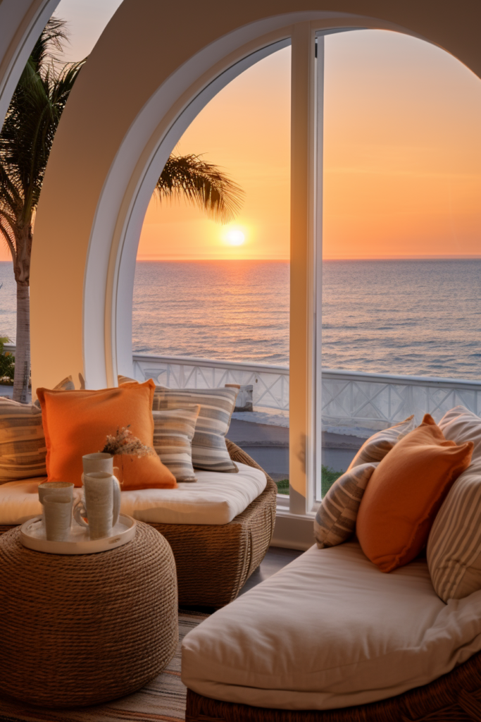 Artful arrangement of wicker furniture in a living room with a view of the ocean.