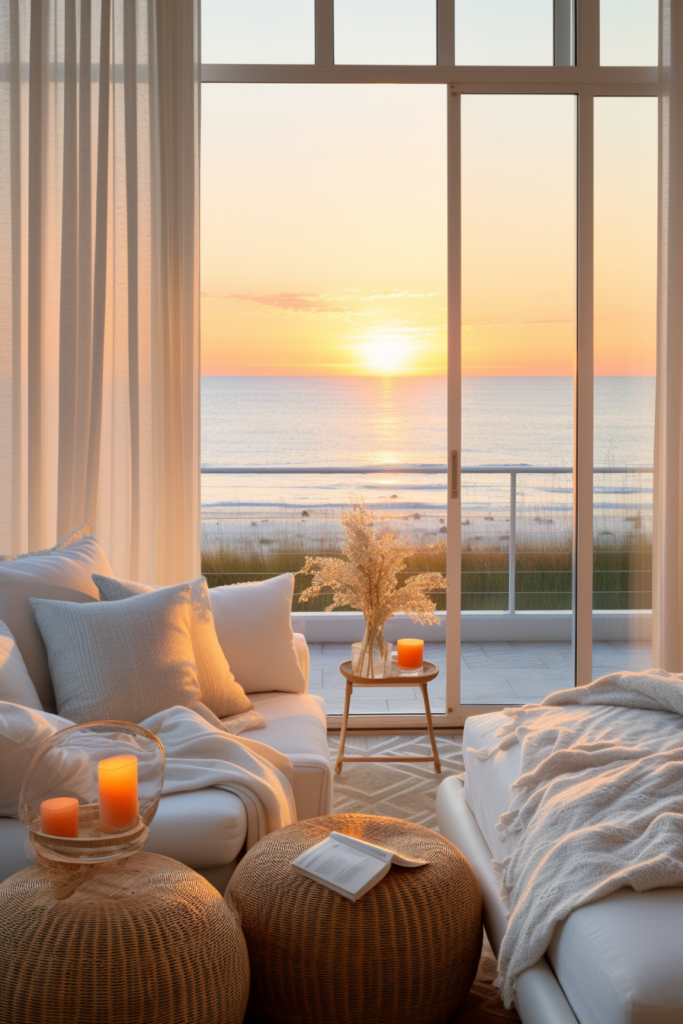 A bedroom with artful arrangements and a view of the ocean.