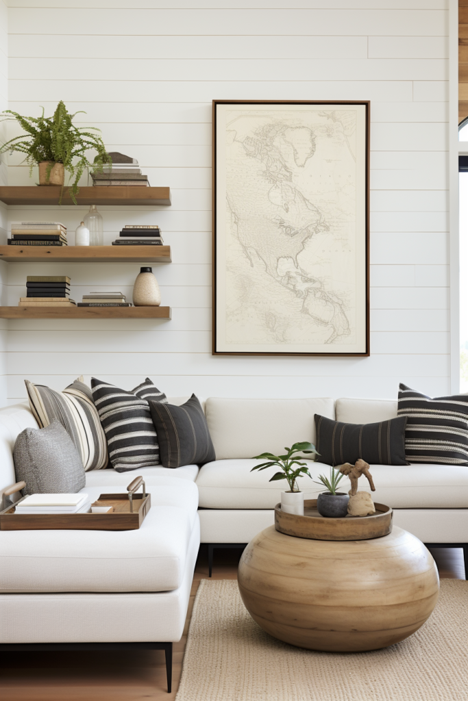 An artful living room with a focal point - a map on the wall.